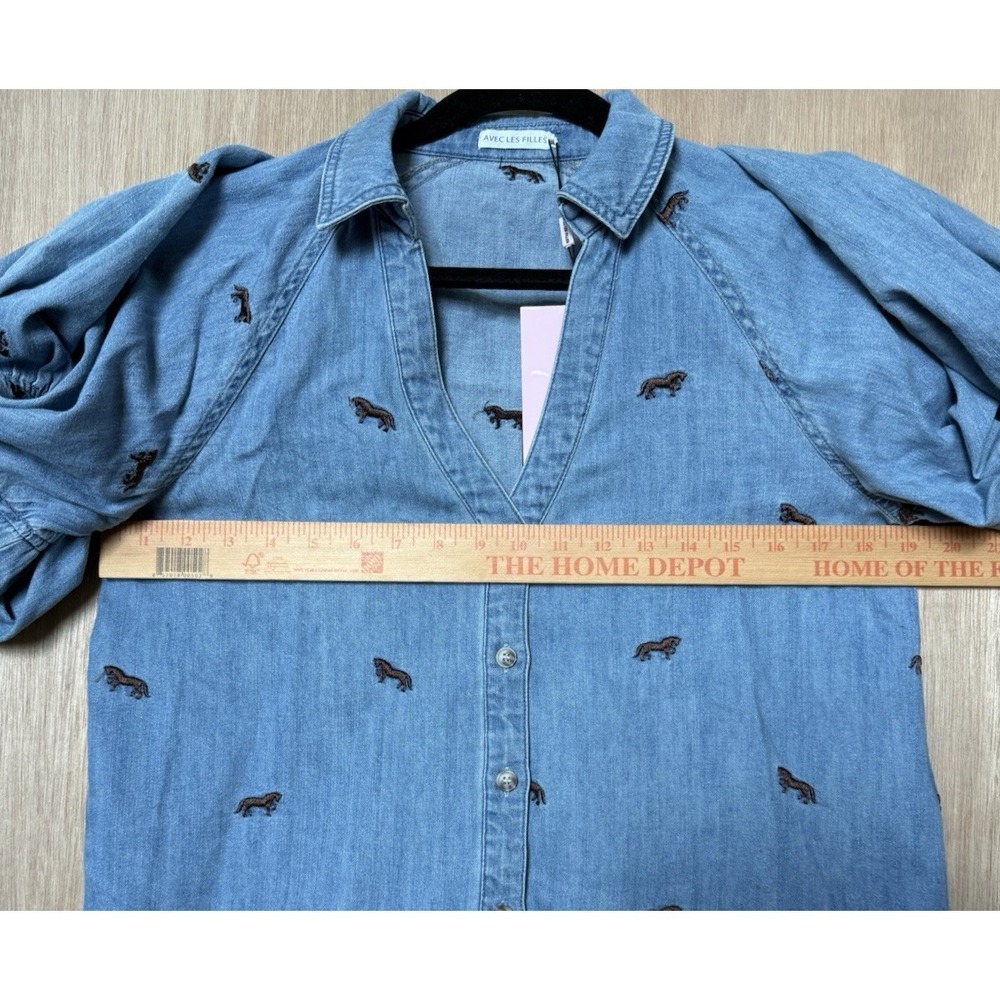Avec Les Filles Women's Brown Horse Embroidered Chambray Shirt Size XS NEW - Picture 6 of 9